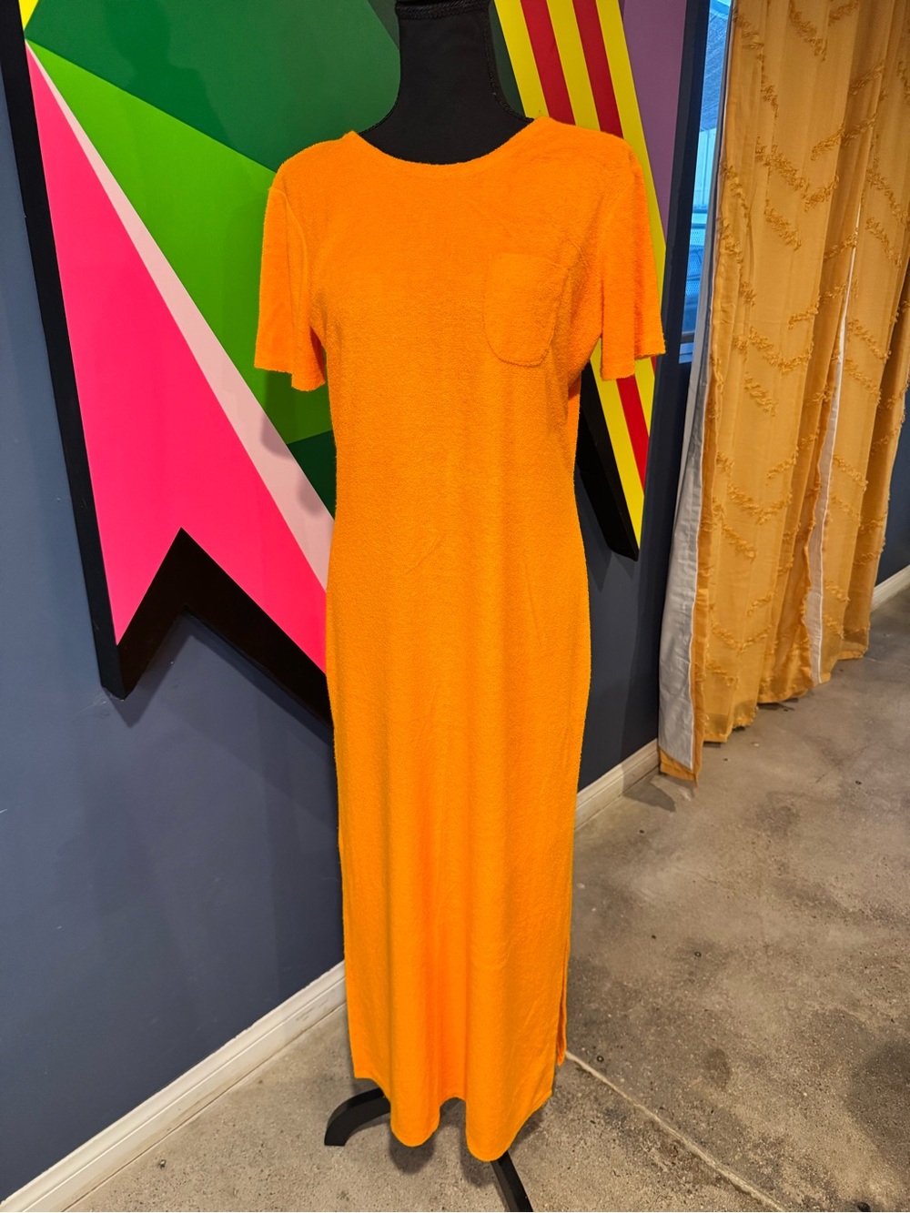 Vintage 1970s Holly Gloria Moret Orange Terry Cloth Maxi Dress